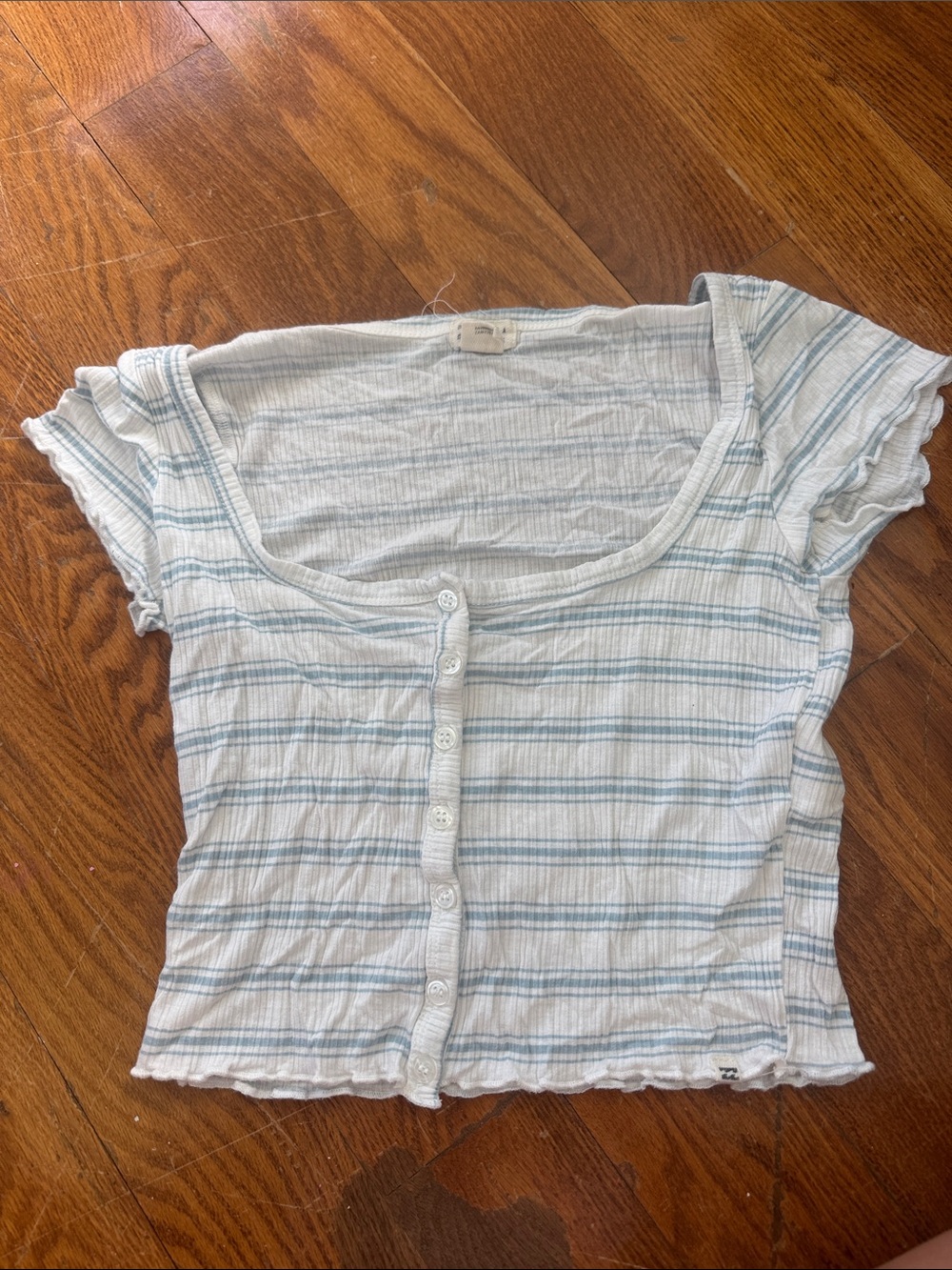 Billabong White and Light Blue Striped Button-Front Crop Top